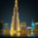 The Burj Al Khan illuminated at night showcasing its grandeur