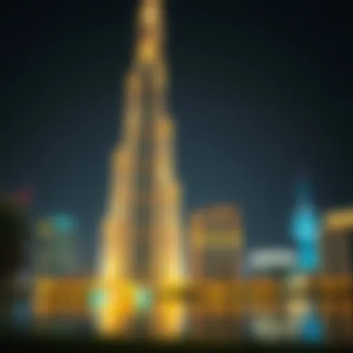 The Burj Al Khan illuminated at night showcasing its grandeur