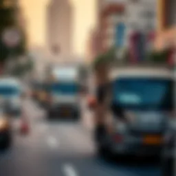 A bustling Dubai street showcasing delivery vehicles in action