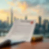 An illustration depicting a title deed document with a city skyline in the background