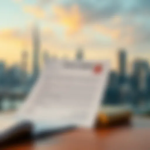 An illustration depicting a title deed document with a city skyline in the background