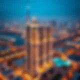 Aerial view of Al Dalal Building showcasing its modern architectural design against the Dubai skyline.