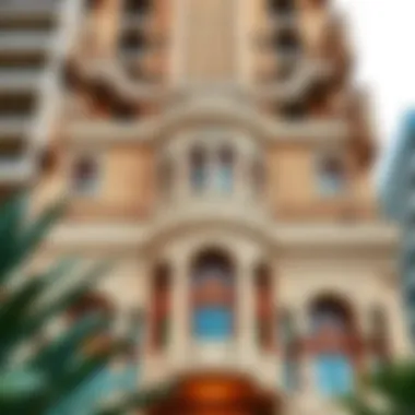 Intricate Facade of Al Dalal Building Close-up of the intricate facade of Al Dalal Building highlighting innovative architectural features.