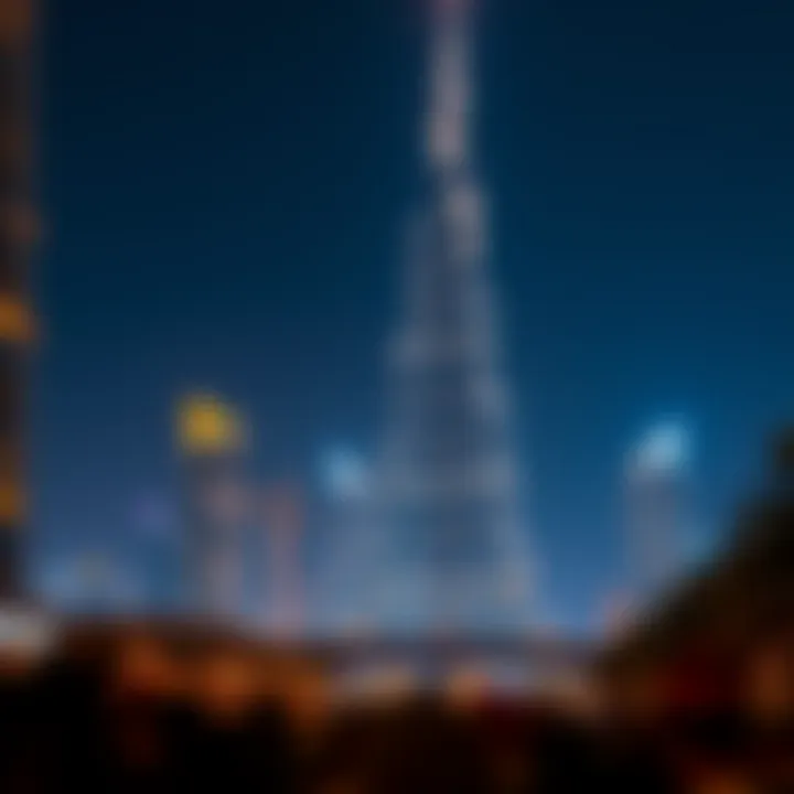 Night view of Burj Jumeirah illuminated against the Dubai skyline