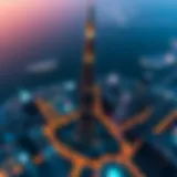 Aerial view of the Burj Khalifa towering over Downtown Dubai