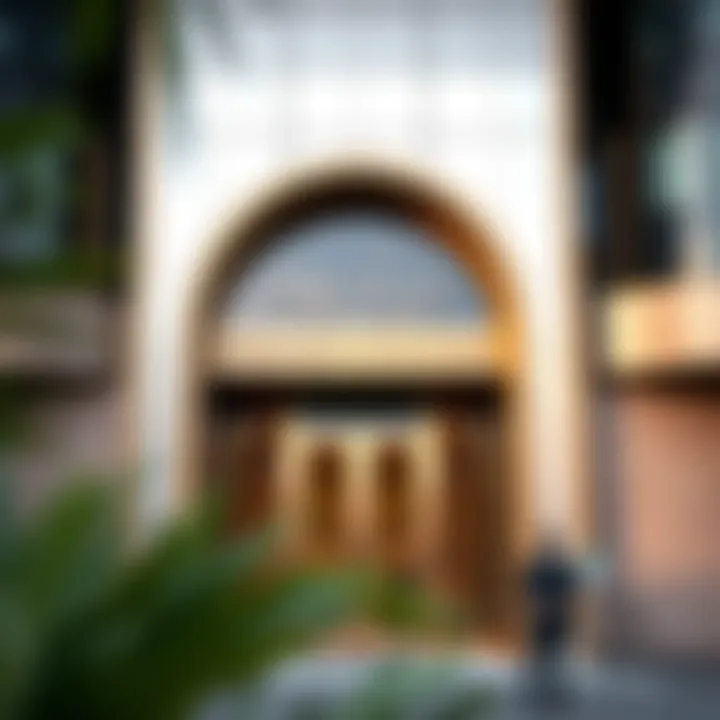 Close-up of the entrance of Park Place Tower showcasing its modern features