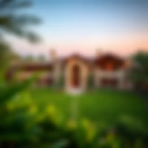 A panoramic view of a luxurious ranch in Dubai showcasing lush greenery and stunning architecture