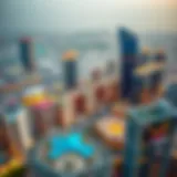 Aerial view of International City showcasing vibrant architecture