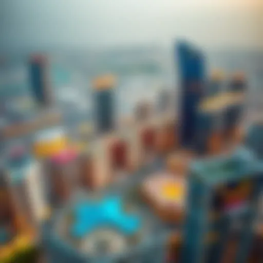 Aerial view of International City showcasing vibrant architecture