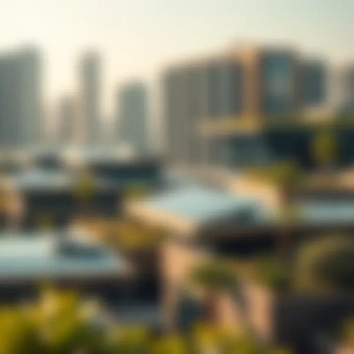 Sustainable features such as solar panels and green roofs integrated into the city's design.