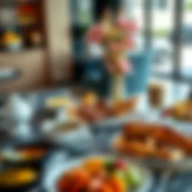 Diverse Breakfast Offerings A beautifully arranged breakfast spread featuring an assortment of dishes and beverages
