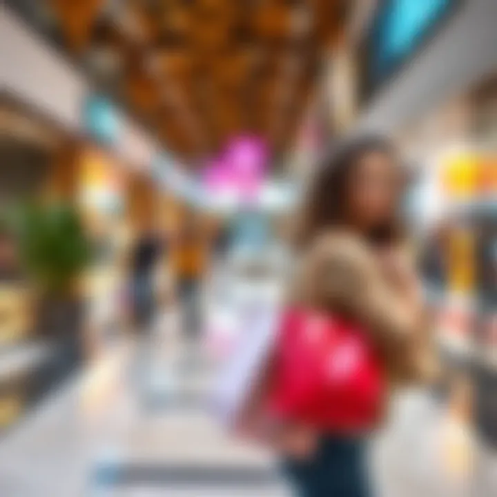 A shopper with multiple bags exploring a vibrant outlet mall.