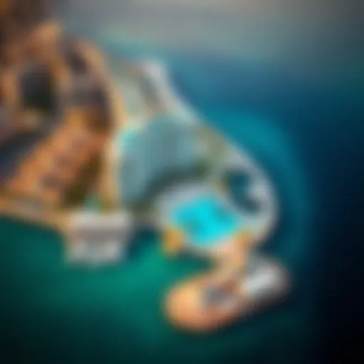 Aerial view of Blue Water Island showcasing its stunning architecture and waterfront.