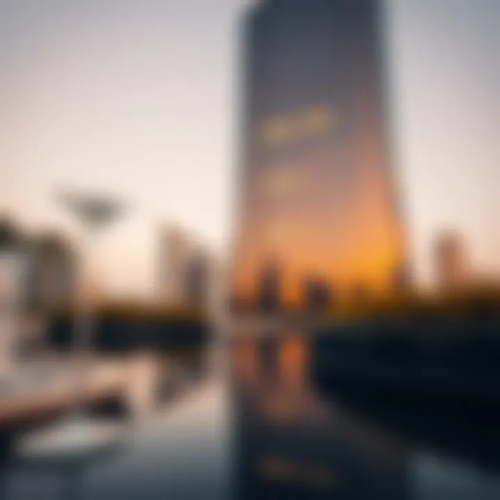 Captivating view of Regal Tower reflected in a nearby water feature