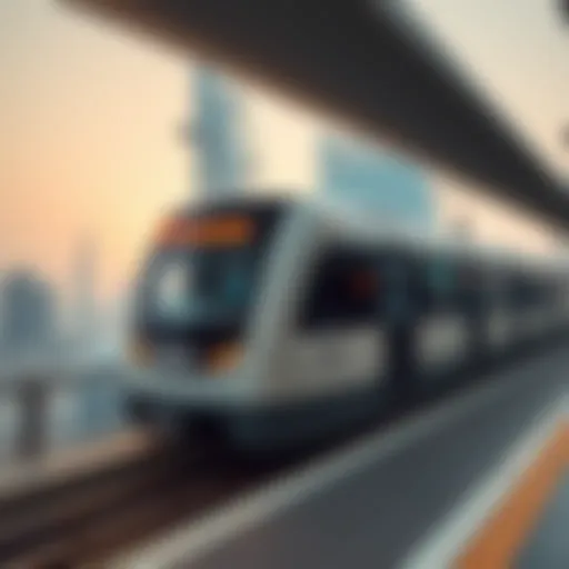 Dubai Metro train in motion over a modern skyline