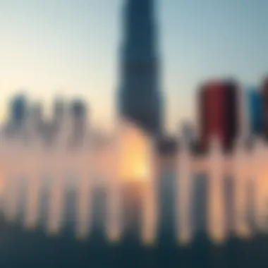 Panoramic view of the Dubai Fountain with Burj Khalifa in the background